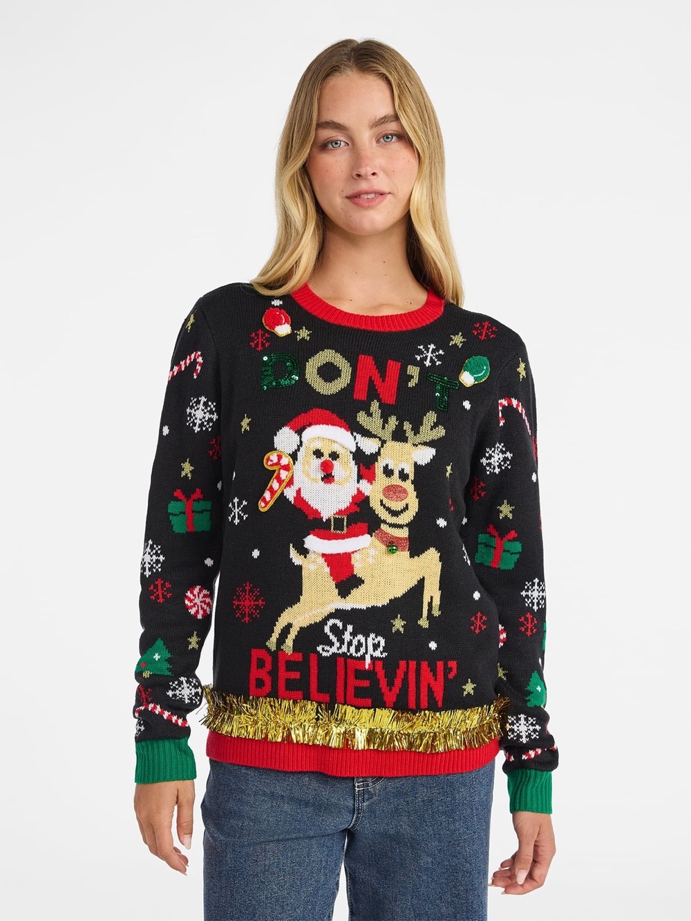 No Boundaries  Christmas Crewneck Sweater with Red & Gold Accentssize large nwt